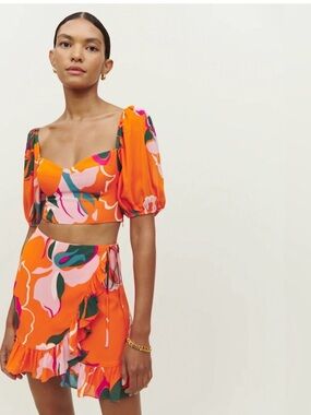 Reformation Orange Floral Wrap Mini Skirt
